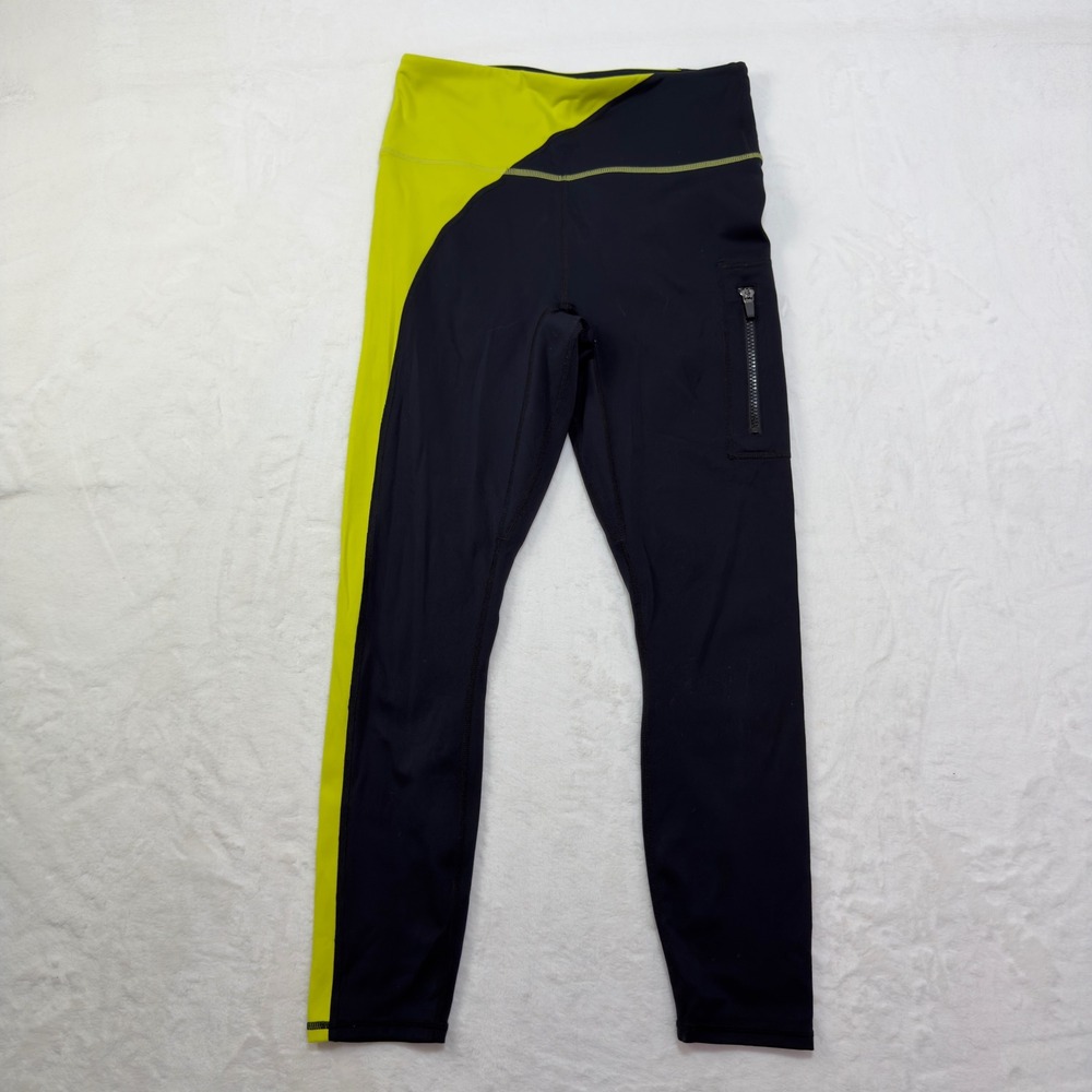 Fabletics High Waisted Black Lime Green Colorblock Pocket‎ Leggings Womens
